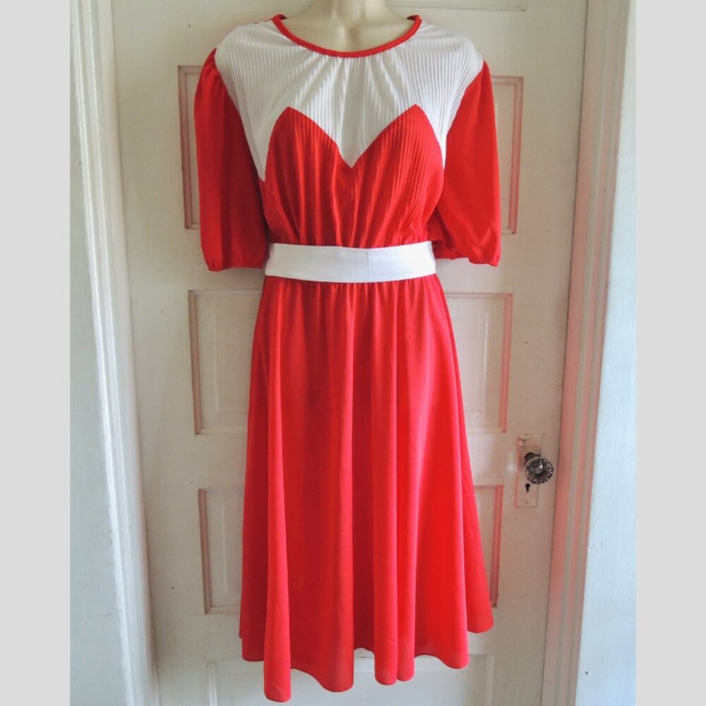 Sandi Dee Vintage 70s Red & White Puff Sleeve Pleat Top Dress 14 L/XL